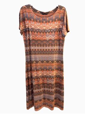 Nally & Millie Autumn Orange and Brown Geometric Midi Dress NWT